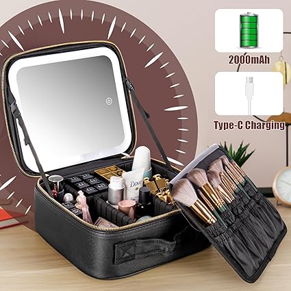 ESTUCHE DE COSMÉTICOS CON ESPEJO LED RECARGABLE NEGRO