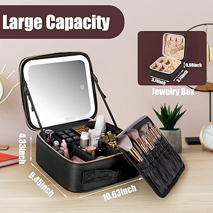 ESTUCHE DE COSMÉTICOS CON ESPEJO LED RECARGABLE NEGRO