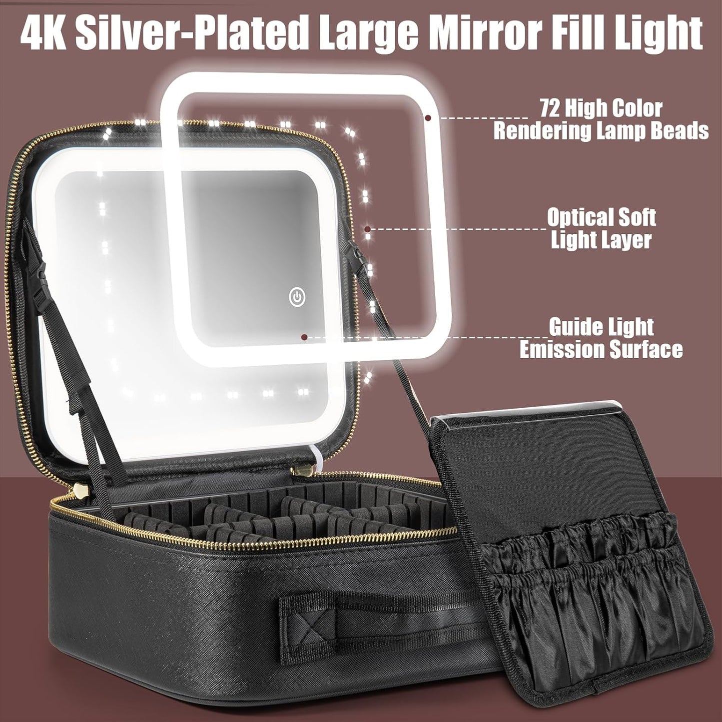 ESTUCHE DE COSMÉTICOS CON ESPEJO LED RECARGABLE NEGRO