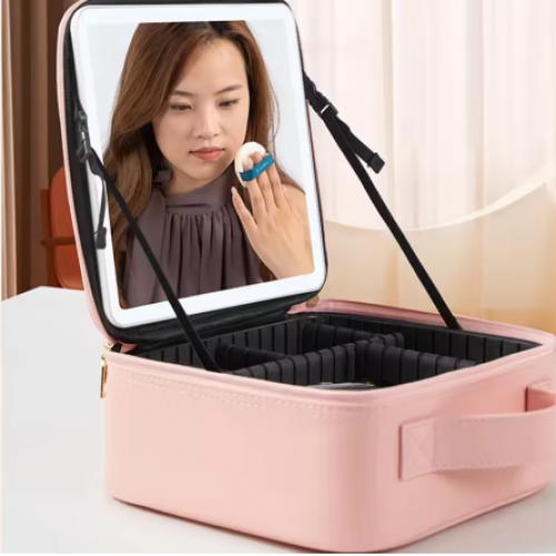 ESTUCHE DE COSMÉTICOS CON ESPEJO LED RECARGABLE NEGRO